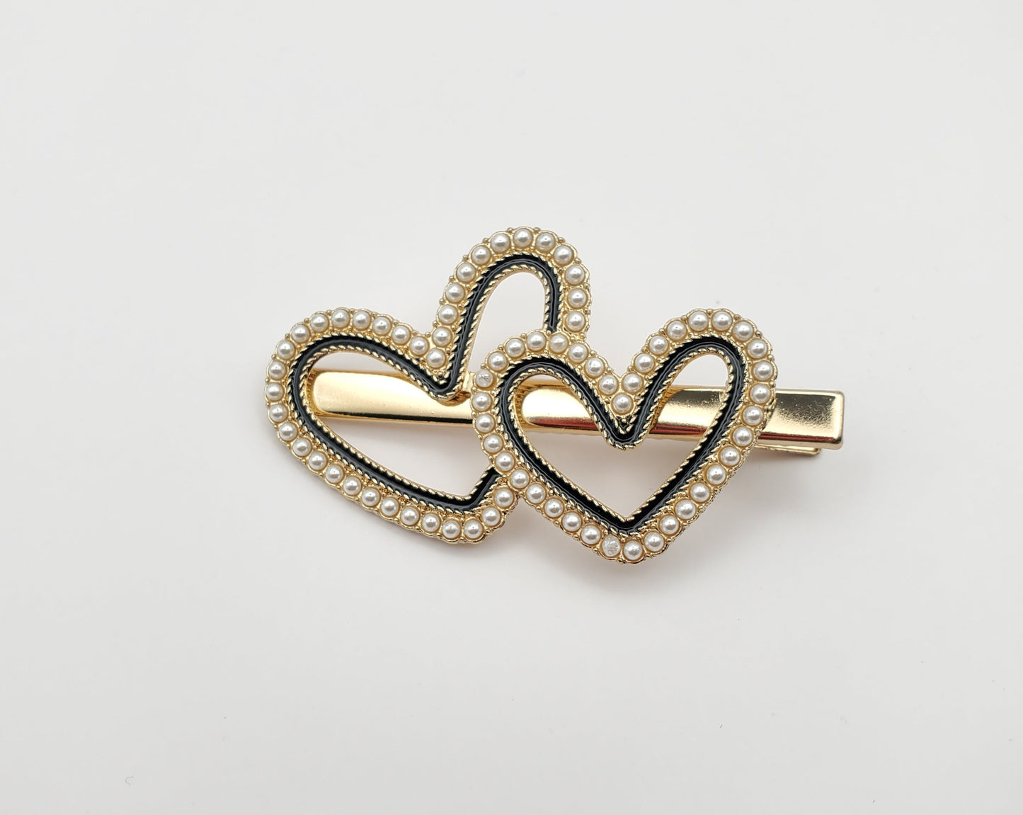 Pinza para el pelo con forma de corazón, doble lazo, imitación de perla, aleación y diamantes de imitación, 1 pieza