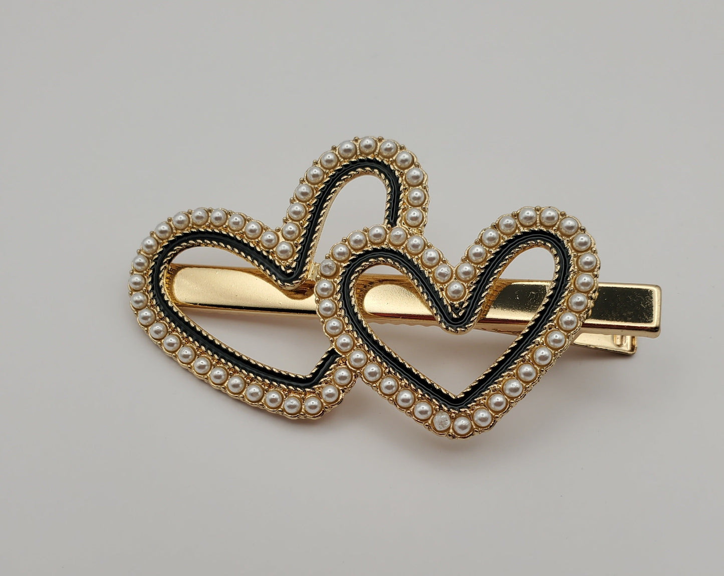 Pinza para el pelo con forma de corazón, doble lazo, imitación de perla, aleación y diamantes de imitación, 1 pieza