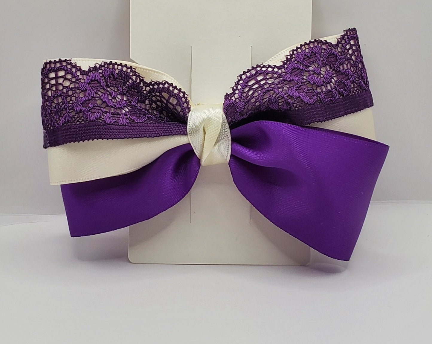 Boutique Hair Bow, Purple/White Satin/Lace Accent