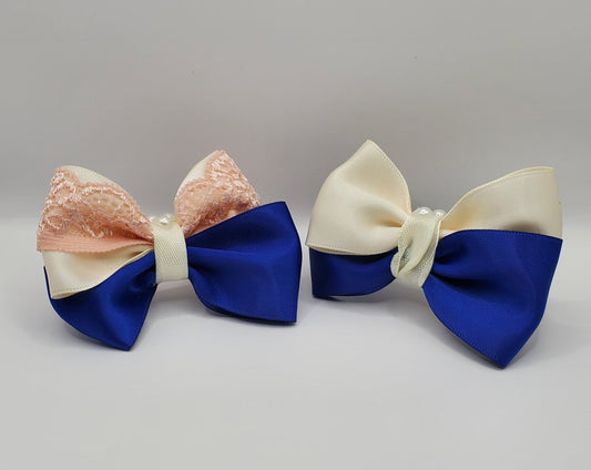 The Original Hair Bow, Blue/White Bow, Pink Lace Decorative Ribbon