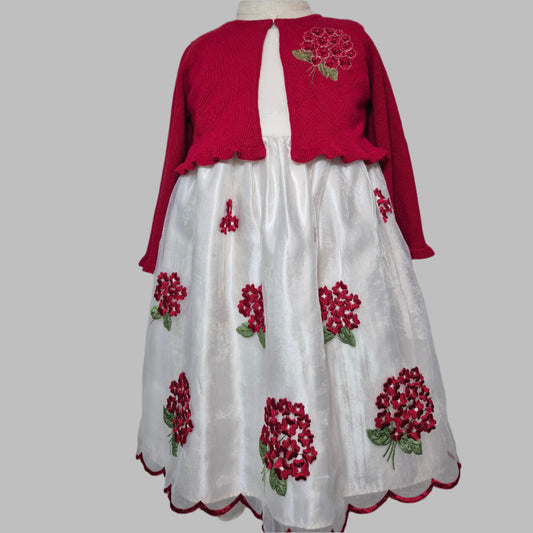 Toddler Girl Red Flower on White Dress With Matching Cardigan